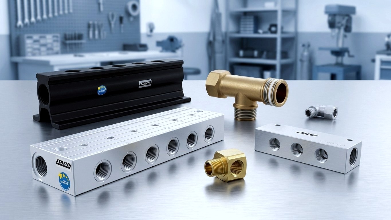 Blocuri de distribuție și distribuitoare pneumatice pentru distribuția aerului comprimat